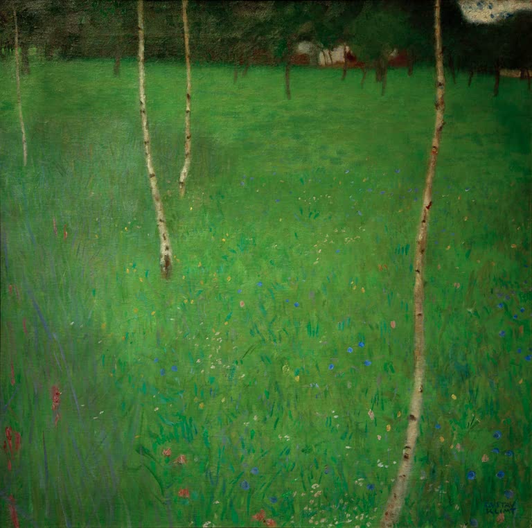 Kunstdruck des Gemäldes „Bauernhaus mit Birken“ von Gustav Klimt – detailreiche Reproduktion eines idyllischen Landschaftsmotivs.