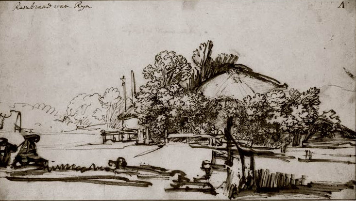 Kunstdruck Bauernhaus unter Bäumen von Rembrandt van Rijn
