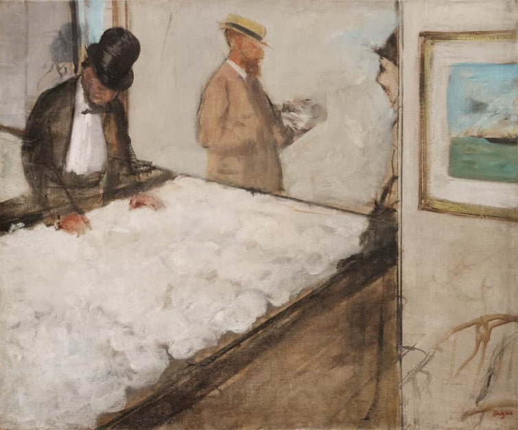 Kunstdruck des Gemäldes Baumwollhändler in New Orleans von Edgar Degas mit einer Szene aus einem Baumwollbüro in New Orleans und mehreren Personen.