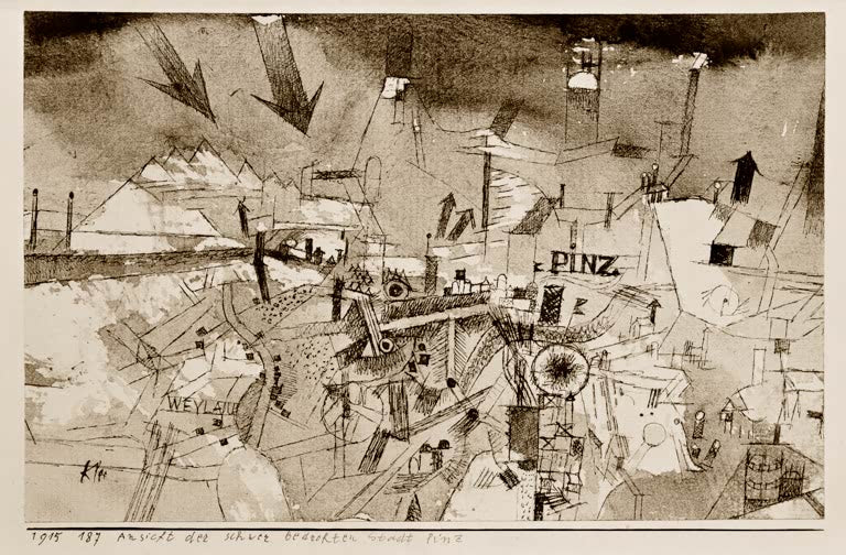 Kunstdruck „Bedrohte Stadt Pinz“ von Paul Klee mit abstrakter Komposition und geometrischen Formen.