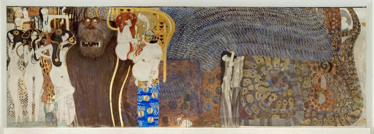 Kunstdruck des Gemäldes „Beethoven-Fries“ von Gustav Klimt – hochwertige Reproduktion des berühmten Jugendstil-Kunstwerks mit symbolischen Motiven.