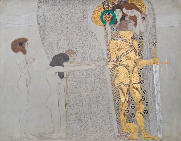 Kunstdruck des Gemäldes „Beethovenfries: Die Leiden der schwachen Menschheit und Der wohlgerüstete Starke“ von Gustav Klimt – hochwertige Reproduktion des Jugendstil-Kunstwerks.