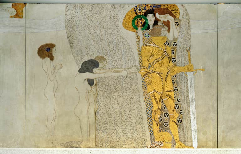 Kunstdruck des Gemäldes „Beethovenfries“ von Gustav Klimt – hochwertige Reproduktion des berühmten Jugendstil-Meisterwerks mit symbolischer Bildsprache.