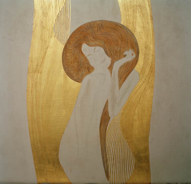 Kunstdruck des Gemäldes „Beethovenfries“ von Gustav Klimt – hochwertige Reproduktion des weltberühmten Jugendstil-Meisterwerks mit detailreicher Ornamentik.