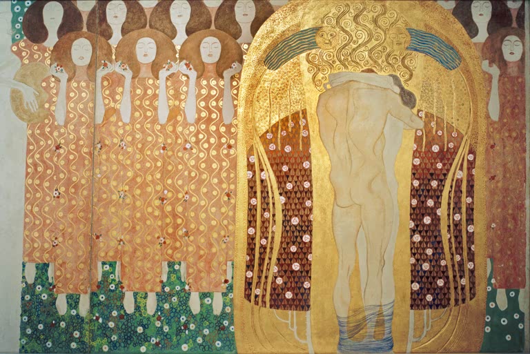 Kunstdruck des Gemäldes „Beethovenfries“ von Gustav Klimt – hochwertige Reproduktion des berühmten Jugendstil-Meisterwerks mit symbolischer Bildsprache.