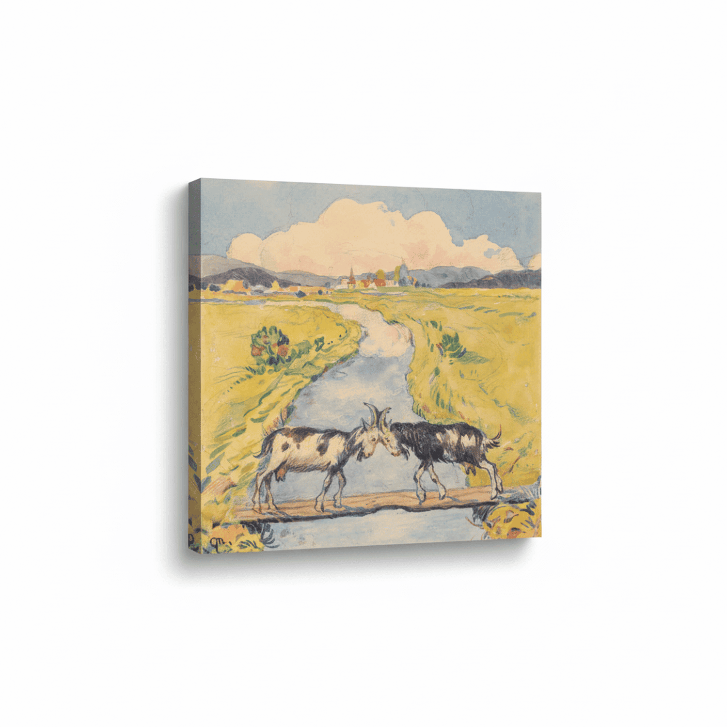 Begegnung zweier Ziegen auf einer schmalen Fußgängerbrücke über einem Bach | Gustav Mally