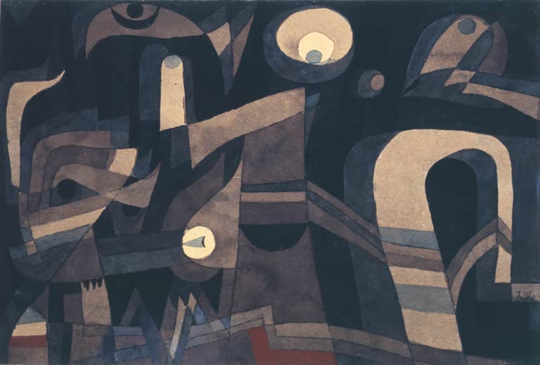 Kunstdruck „Bei Nacht“ von Paul Klee mit abstrakter Komposition in dunklen, nächtlichen Farbtönen

