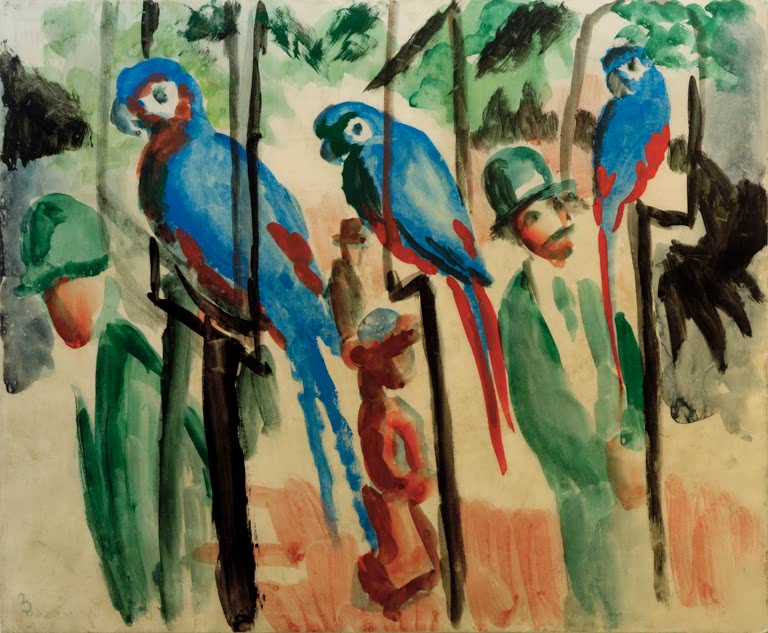 Kunstdruck „Bei den Papageien“ von August Macke mit farbenfroher Szene und exotischen Vögeln
