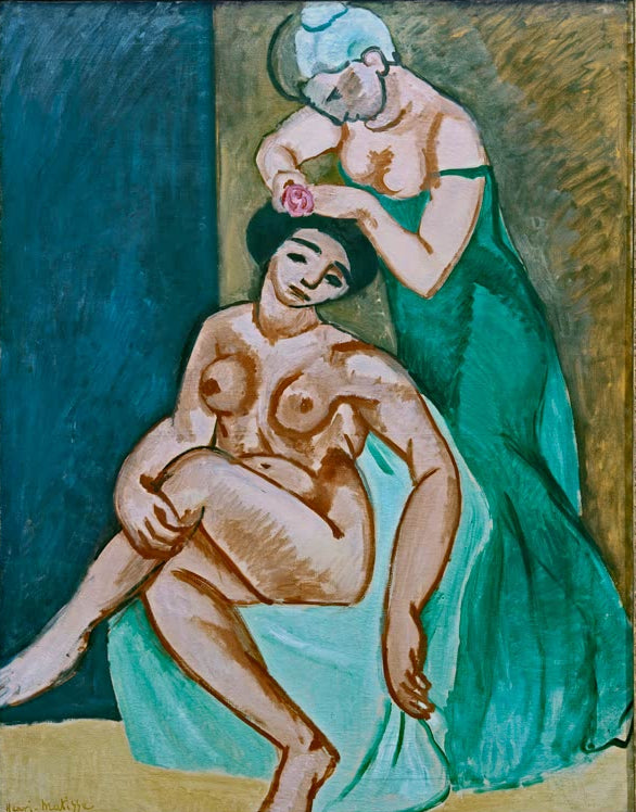 Kunstdruck des Gemäldes „Bei der Toilette“ von Henri Matisse, erhältlich als Leinwand oder Poster, optional gerahmt, in Deutschland von Hand gefertigt.