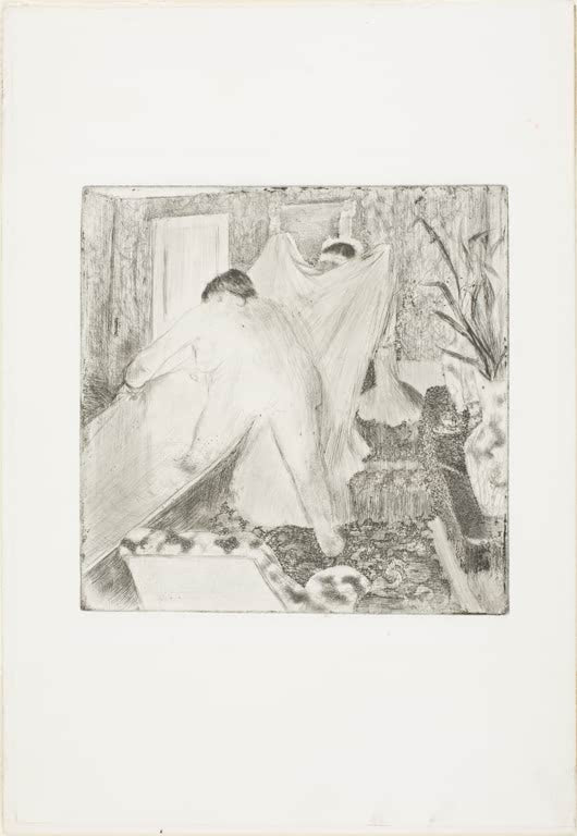 Kunstdruck des Gemäldes Beim Baden von Edgar Degas mit einer Frau während des Badens in einer privaten Szene.