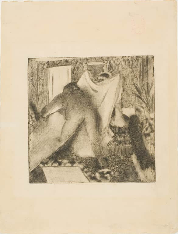 Kunstdruck des Gemäldes Beim Baden gehen von Edgar Degas mit einer Frau in einer Badeszene beim Vorbereiten des Badens.