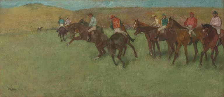 Kunstdruck des Gemäldes Beim Rennen: vor dem Start von Edgar Degas mit Jockeys und Pferden kurz vor dem Beginn eines Pferderennens.