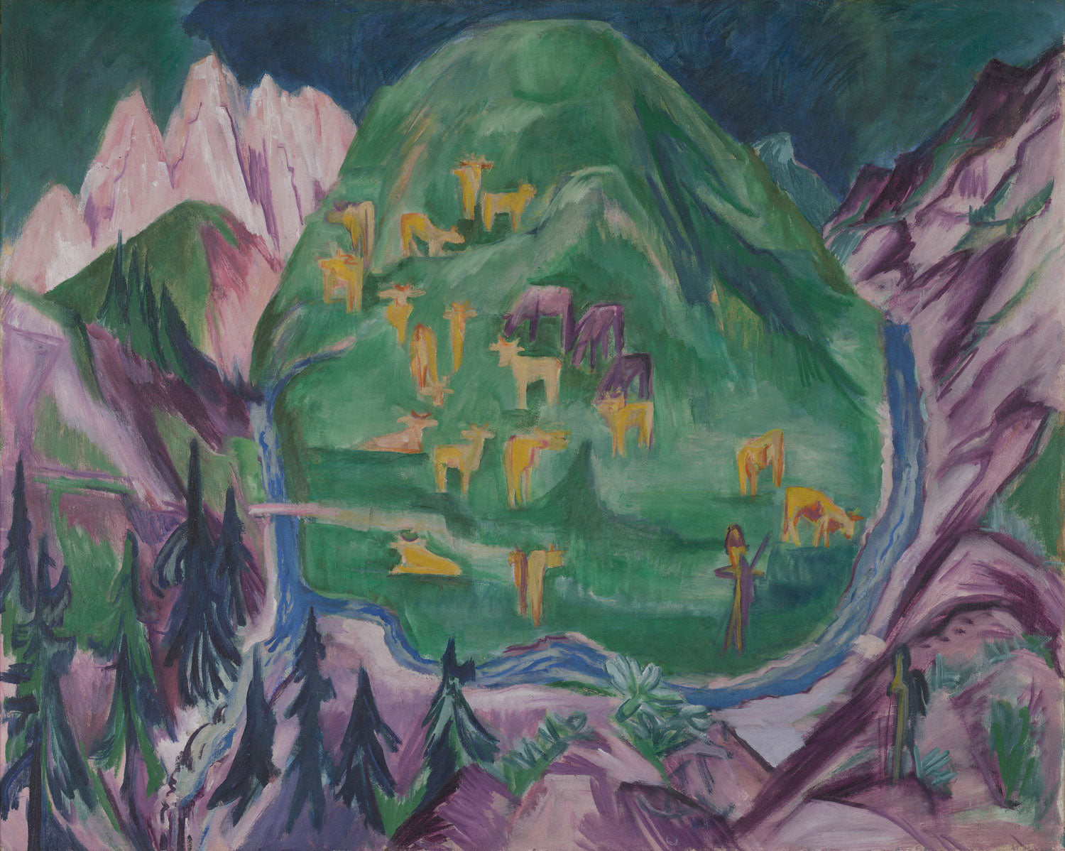 Expressionistisches Gemälde Berg mit Vieh von Ernst Ludwig Kirchner mit alpiner Landschaft, grasenden Tieren und lebendigen Farben.