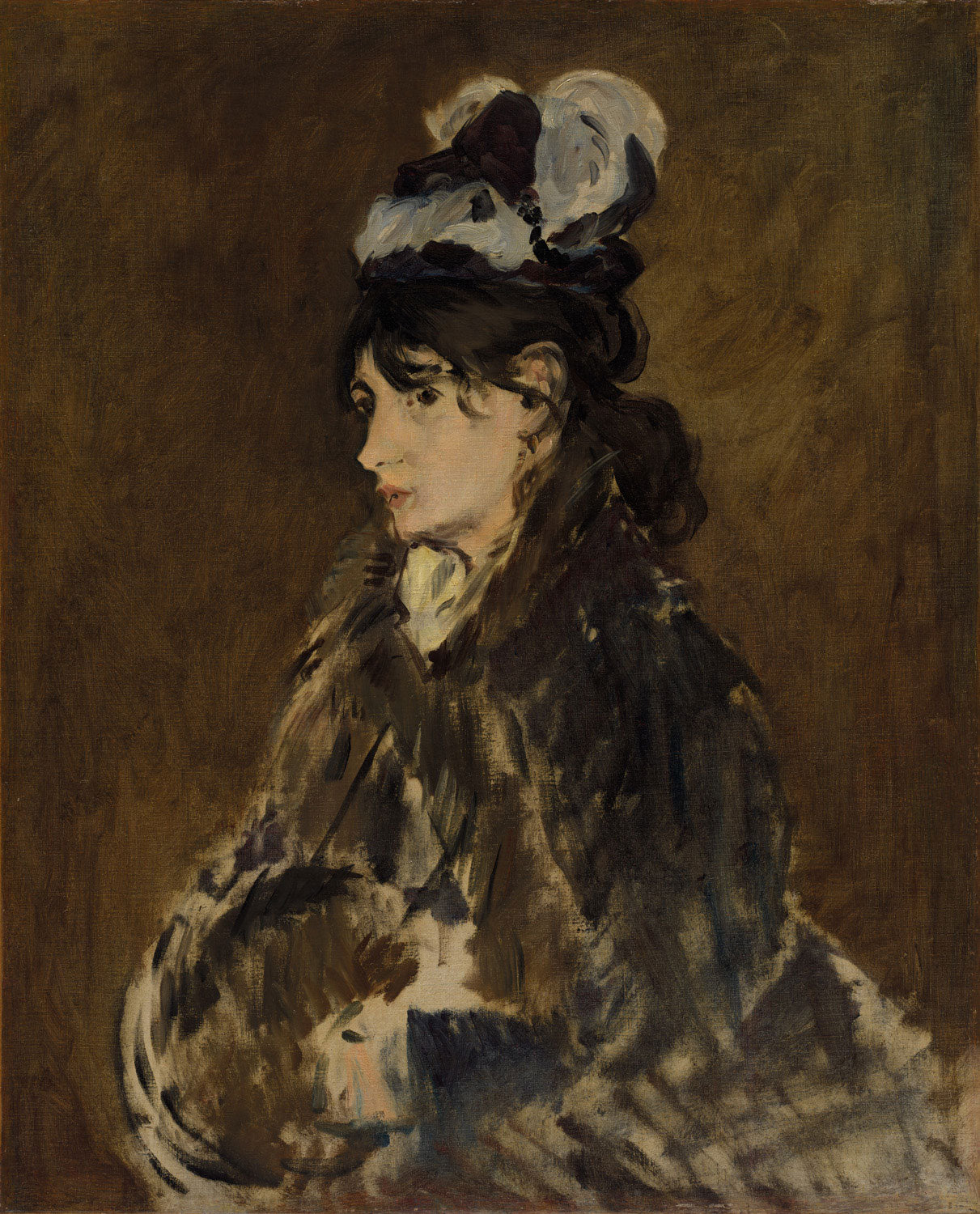 Impressionistisches Porträt 'Berthe Morisot' von Édouard Manet, das die Malerin Berthe Morisot in einem ruhigen und selbstbewussten Moment darstellt.