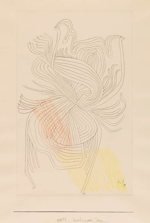 Kunstdruck „Beschwingter Tanz“ von Paul Klee mit dynamischer abstrakter Darstellung tanzender Formen und Figuren

