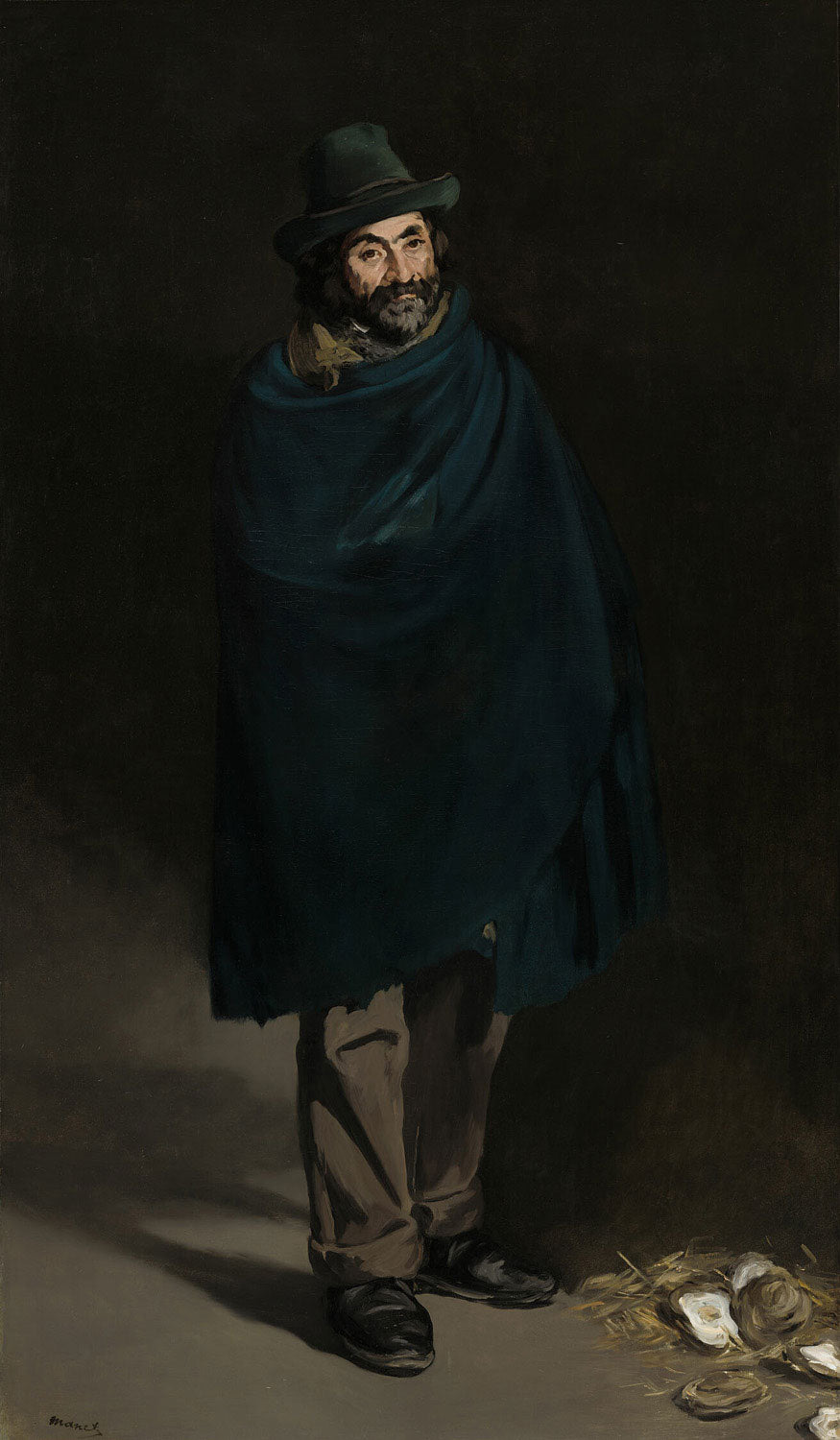 Das Gemälde "Bettler mit Austern (Philosoph)" von Édouard Manet zeigt einen Bettler, eingehüllt in ein Tuch, der nachdenklich vor einem Haufen Austern auf dem Boden steht. Sein Blick ist in die Ferne gerichtet, was dem Bild eine philosophische und ruhige Atmosphäre verleiht.