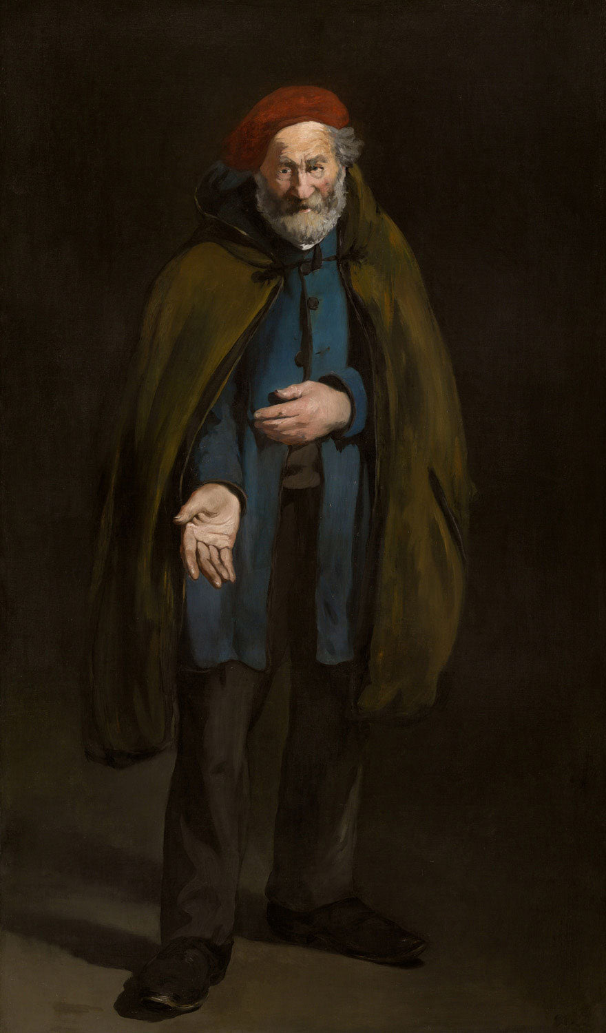 Das Gemälde "Bettler mit einem Duffelcoat (Philosoph)" von Édouard Manet zeigt einen Bettler, der in einem beigen Duffle Coat steht. Mit einem intensiven, nachdenklichen Blick scheint er in tiefe Gedanken versunken. Der Hintergrund ist schwarz, wodurch der Bettler in den Fokus tritt.