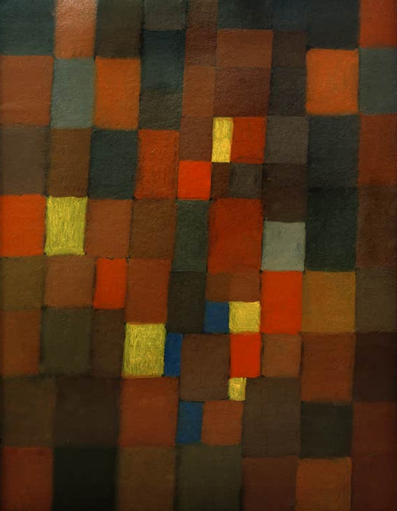 Kunstdruck „Bildarchitectur rot gelb blau“ von Paul Klee mit abstrakter geometrischer Komposition in Rot, Gelb und Blau