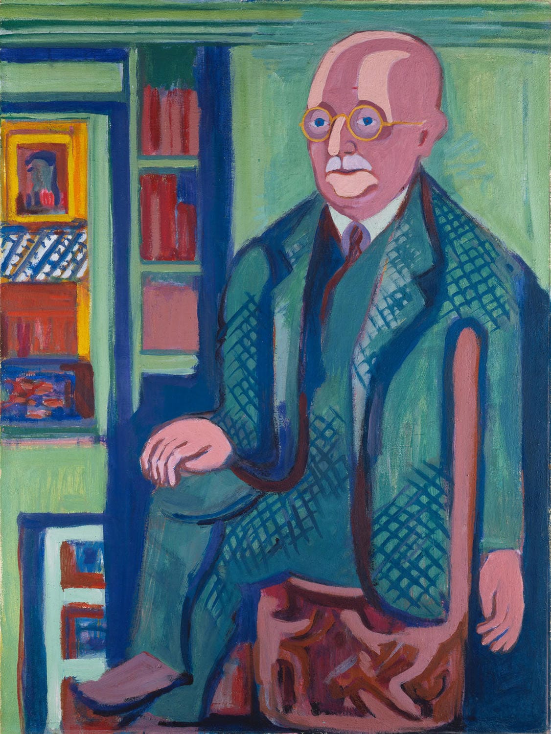 Expressionistisches Porträt von Dr. Carl Hagemann, gemalt von Ernst Ludwig Kirchner im Jahr 1926. Kräftige Farben und dynamische Pinselstriche betonen die ausdrucksstarke Darstellung des Kunstsammlers und Förderers der Brücke-Künstler.