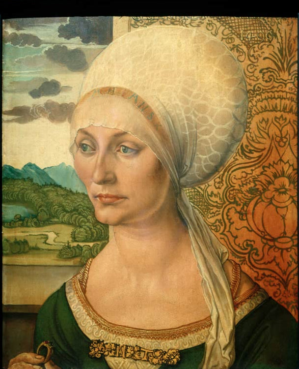 Kunstdruck des Gemäldes „Bildnis Elisabeth Tucher“ von Albrecht Dürer. Hochwertiger Fine-Art-Druck, in Deutschland per Hand gefertigt, erhältlich auf Leinwand oder als Poster.