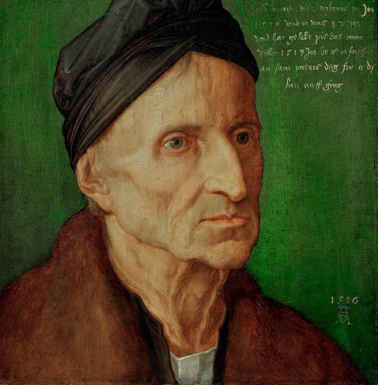 Kunstdruck von „Bildnis des Nürnberger Malers Michael Wolgemut“ von Albrecht Dürer. Detailreiches Renaissance-Porträt seines Lehrers Michael Wolgemut, in Deutschland handgefertigt.