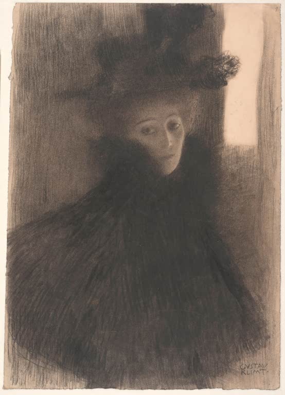 Kunstdruck des Gemäldes „Bildnis einer Dame mit Cape und Hut“ von Gustav Klimt – hochwertige Reproduktion eines eleganten Jugendstil-Porträts.