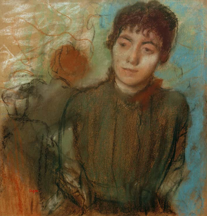 Kunstdruck des Gemäldes Bildnis einer jungen Frau von Edgar Degas mit dem Porträt einer jungen Frau.