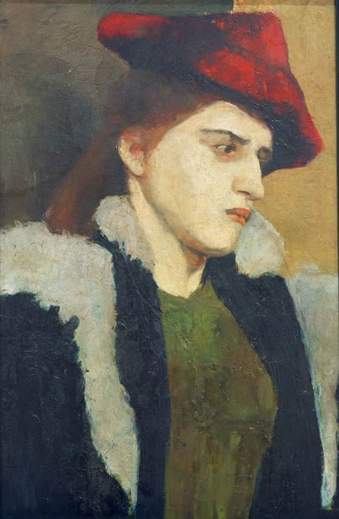 Kunstdruck des Gemäldes Bildnis einer jungen Frau mit rotem Hut von Paula Modersohn-Becker mit dem Porträt einer jungen Frau in einem roten Hut.