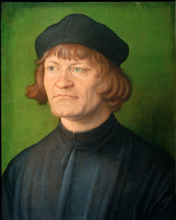 Kunstdruck von „Bildnis eines Geistlichen (Johann Dorsch(?))“ von Albrecht Dürer. Ausdrucksstarkes Renaissance-Porträt eines Geistlichen mit feinen Details, in Deutschland handgefertigt.