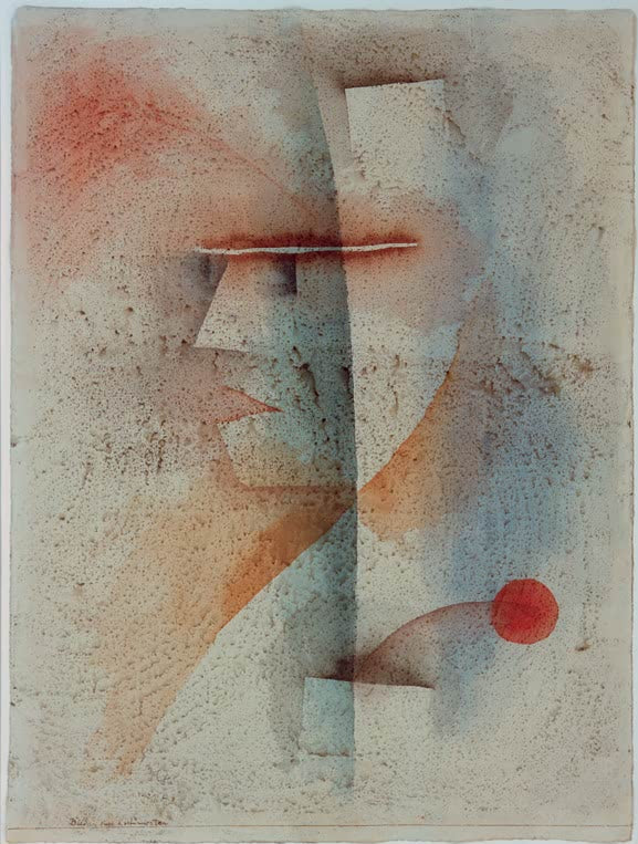 Kunstdruck „Bildnis eines Kostümierten“ von Paul Klee mit abstrahiertem Porträt einer kostümierten Figur