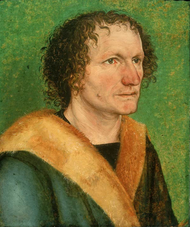 Kunstdruck von „Bildnis eines Mannes vor grünem Hintergrund“ von Albrecht Dürer. Ausdrucksstarkes Renaissance-Porträt mit harmonischem Hintergrund, in Deutschland handgefertigt.
