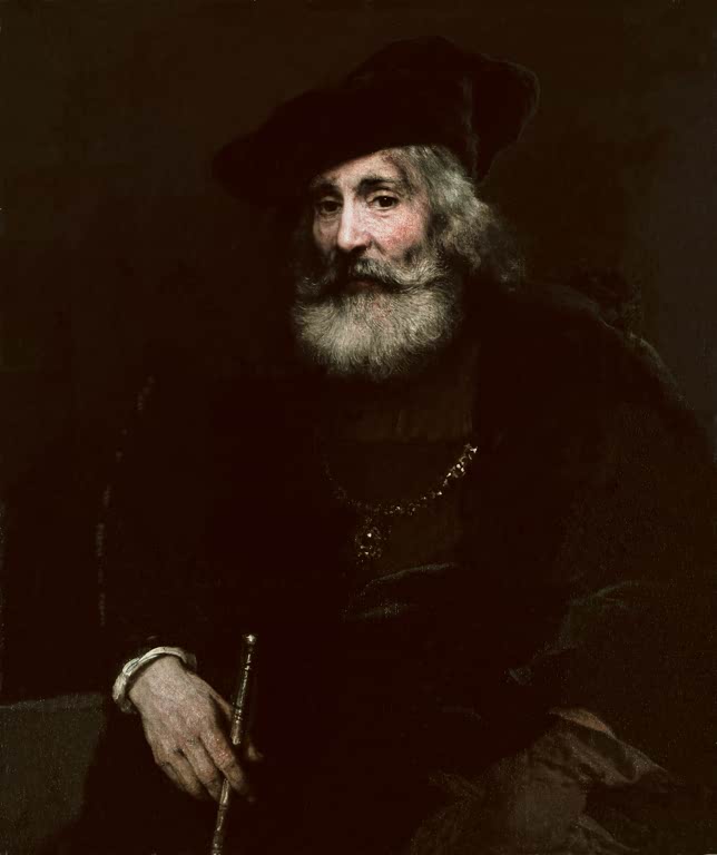 Kunstdruck „Bildnis eines bärtigen Alten mit Stock und Hut“ von Rembrandt van Rijn

