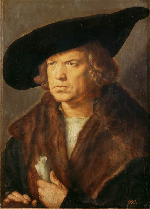 Kunstdruck von „Bildnis eines bartlosen Mannes mit großem Barett“ von Albrecht Dürer. Ausdrucksstarkes Renaissance-Porträt mit markanter Kopfbedeckung, in Deutschland handgefertigt.