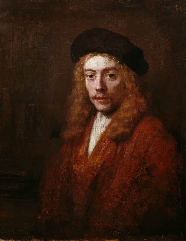 Kunstdruck von Rembrandts Gemälde „Bildnis eines jungen Mannes“ mit dem ausdrucksstarken Porträt eines jungen Mannes.