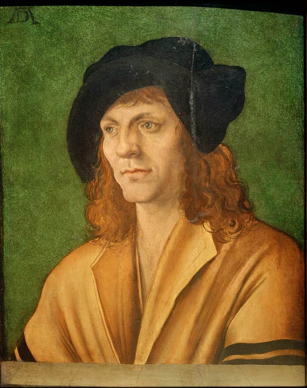 Kunstdruck von „Bildnis eines jungen Mannes im gelben Wams“ von Albrecht Dürer. Ausdrucksstarkes Renaissance-Porträt mit leuchtendem gelben Gewand, in Deutschland handgefertigt.