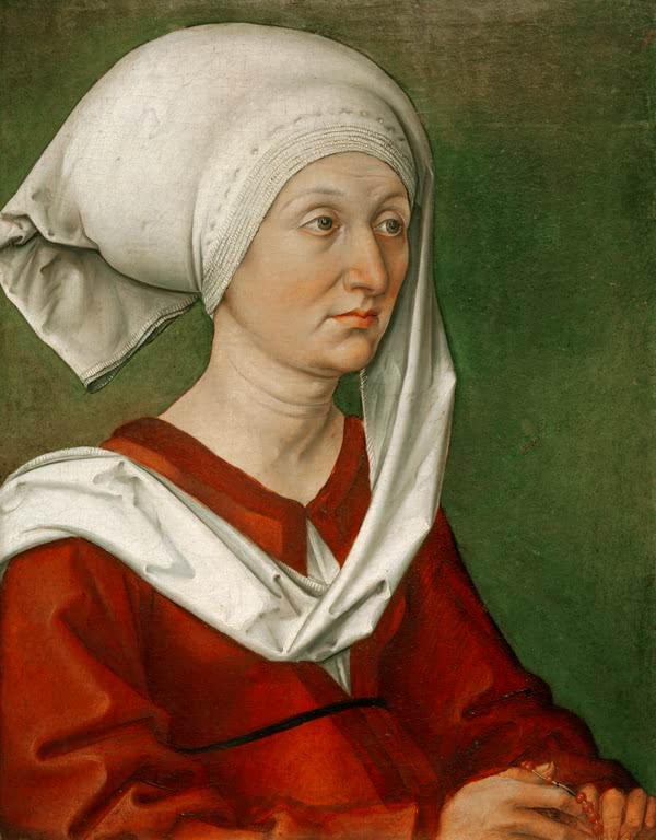 Kunstdruck von „Bildnis von Barbara Dürer, geb. Holper“ von Albrecht Dürer. Fein ausgearbeitetes Renaissance-Porträt seiner Mutter mit charaktervollen Details, in Deutschland handgefertigt.