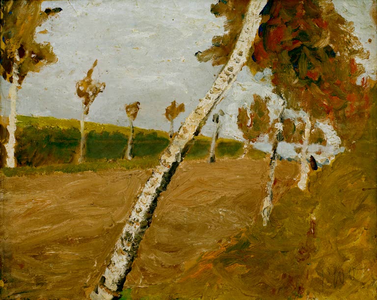 Kunstdruck von „Birkenallee“ von Paula Modersohn-Becker. Ausdrucksstarke Landschaftsdarstellung mit Birkenweg und harmonischer Farbgebung, in Deutschland handgefertigt.