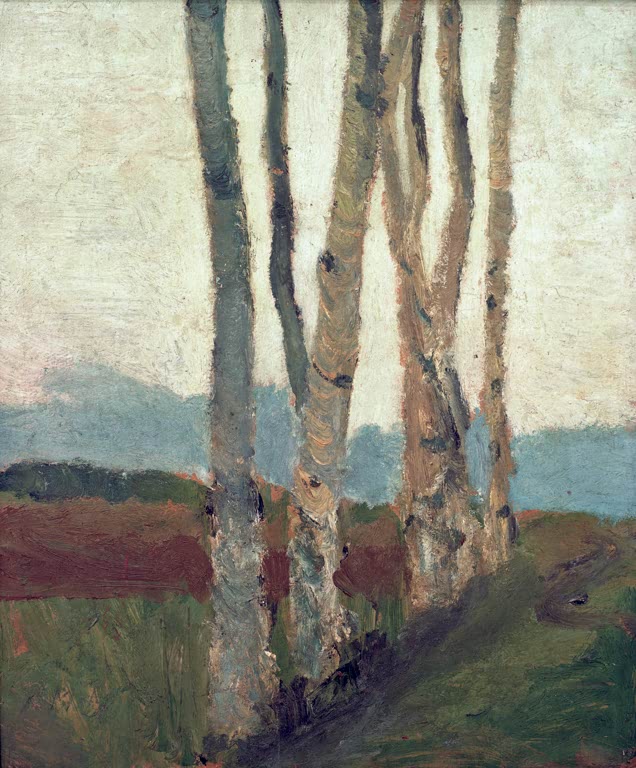 Kunstdruck von „Birkenstämme“ von Paula Modersohn-Becker. Ausdrucksstarke Landschaftsdarstellung mit charakteristischen Birken, in Deutschland handgefertigt.