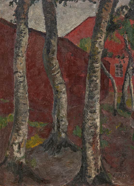 Kunstdruck „Birkenstämme vor rotem Gehöft“ von Paula Modersohn-Becker mit hellen Baumstämmen und rotem Hofmotiv