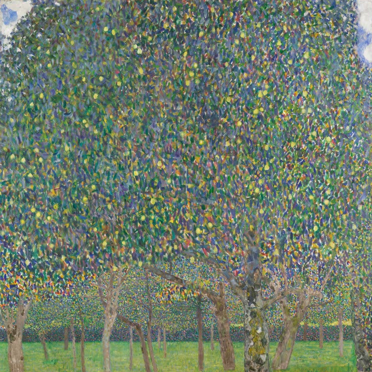 Kunstdruck von „Birnbaum“ von Gustav Klimt mit stimmungsvoller Landschaft und blühendem Baum. Erhältlich auf Leinwand oder als Poster, auf Wunsch auch gerahmt.
