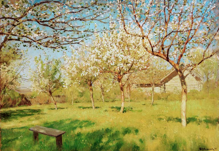 Kunstdruck Blühende Apfelbäume von Isaak Iljitsch Lewitan mit Frühlingslandschaft, Obstbäumen und hellem Gartenmotiv