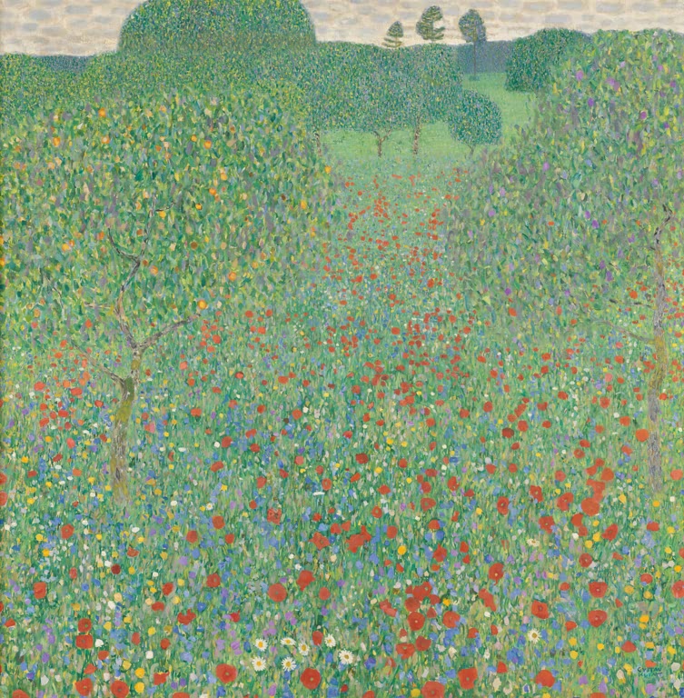 Kunstdruck von „Blühender Mohn“ von Gustav Klimt mit farbenprächtiger Blumenlandschaft und dekorativer Naturdarstellung. In Deutschland von Hand gefertigt, als Leinwand oder Poster erhältlich.