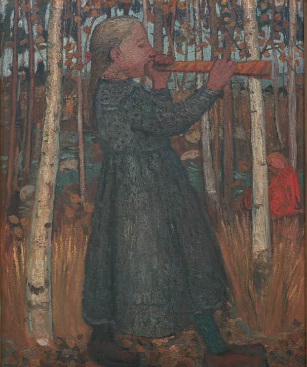 Kunstdruck von Blasendes Mädchen im Birkenwald von Paula Modersohn-Becker – stimmungsvolle Darstellung eines Mädchens im Wald als hochwertiger Kunstdruck.