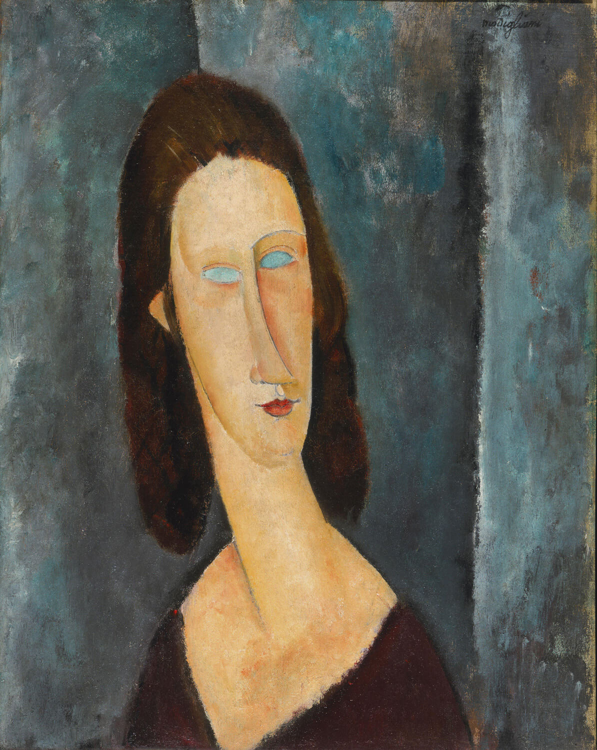Porträt einer Frau mit länglichem Gesicht, kastanienbraunem Haar und ausdrucksstarken blauen Augen, gemalt in Modiglianis charakteristischem Stil mit sanften Linien und warmen Farbtönen.