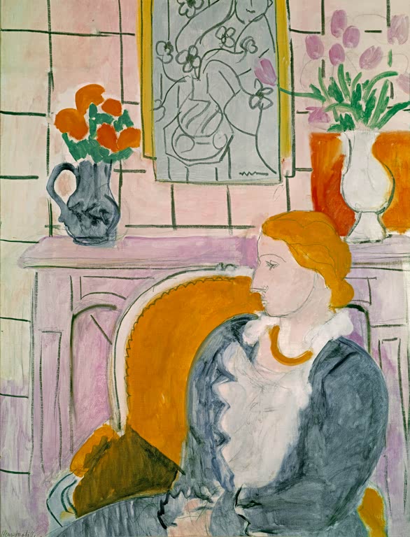 Kunstdruck des Gemäldes „Blaues Kleid in ockerfarbenem Sessel“ von Henri Matisse, erhältlich als Leinwand oder Poster, optional gerahmt, in Deutschland von Hand gefertigt.