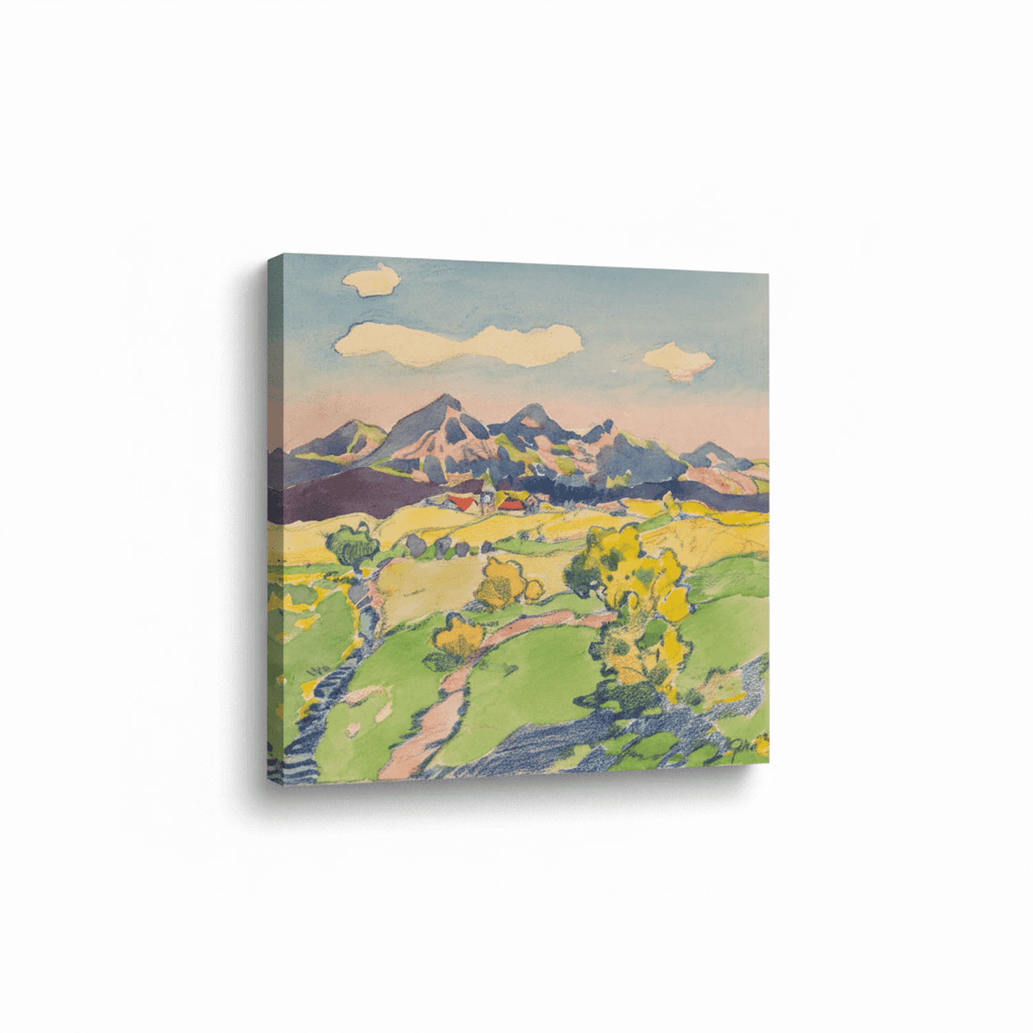 Blick auf ein Dorf am Fuße eines Berges in den Wiesen | Gustav Mally