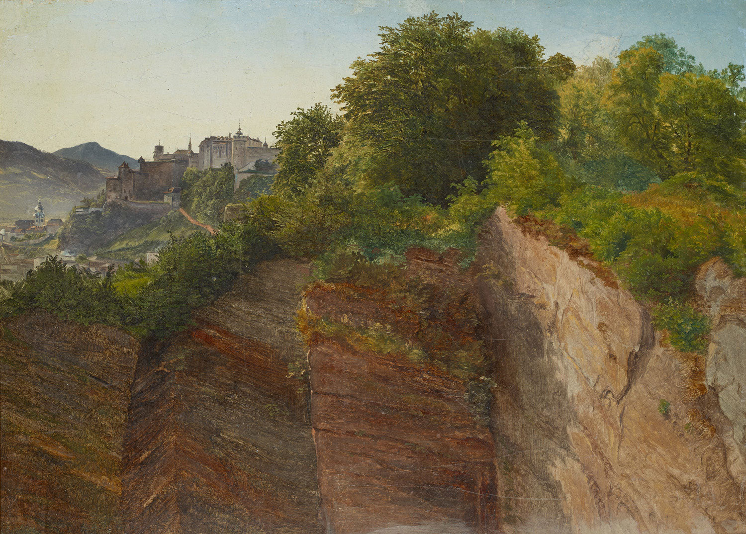 Blick vom Salzburger Mönchsberg auf die Festung Hohensalzburg von Friedrich Loos: Eine malerische Landschaft mit der Festung Hohensalzburg und der Stadt Salzburg, typisch für die Biedermeier-Malerei.
