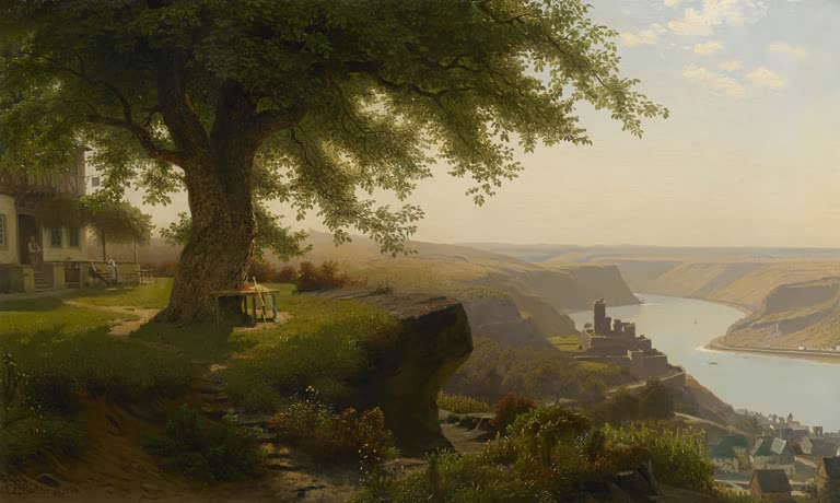 Kunstdruck von „Blick auf Burg Katz, im Hintergrund die Loreley“ von Christian Eduard Boettcher mit Rheinlandschaft, Burg und Felsenblick