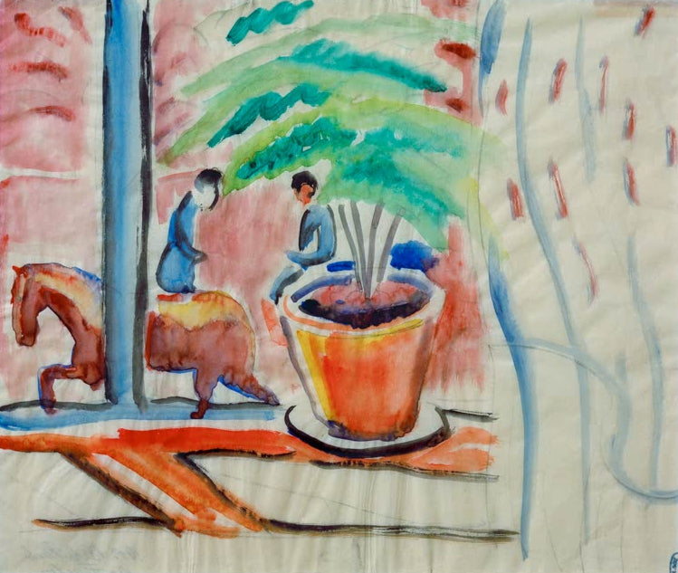 Kunstdruck des Gemäldes „Blick auf die Straße vor dem Fenster“ von August Macke. Hochwertig in Deutschland von Hand gefertigt, erhältlich als Poster oder Leinwand und optional gerahmt.