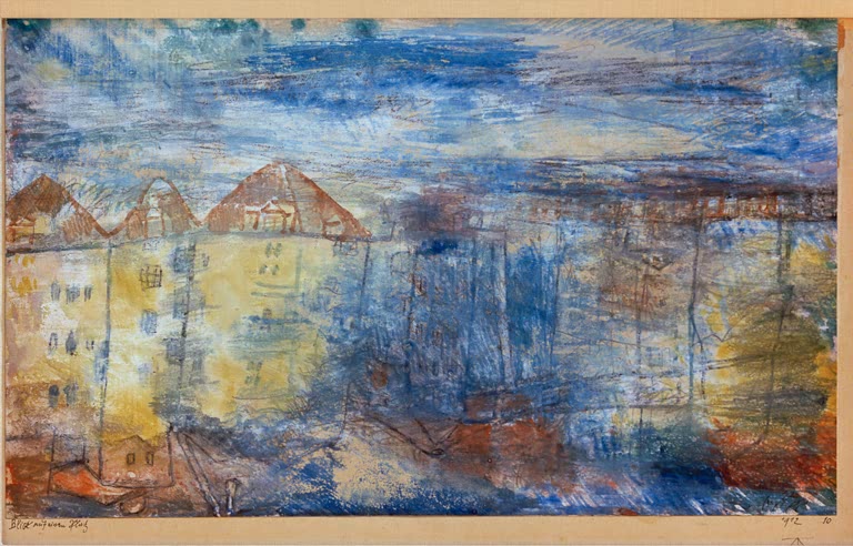 Kunstdruck „Blick auf einen Platz“ von Paul Klee mit abstrakter Darstellung eines Platzes und geometrischen Formen

